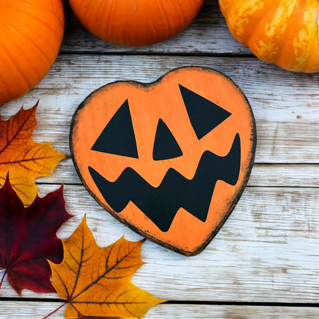 Kleines Holzschild für Halloween in Herzform, orange mit einem aufgedruckten Kürbisgesicht 