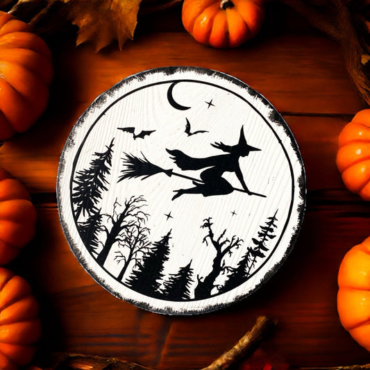 Wooden Sign Halloween Farmhouse Round Witch