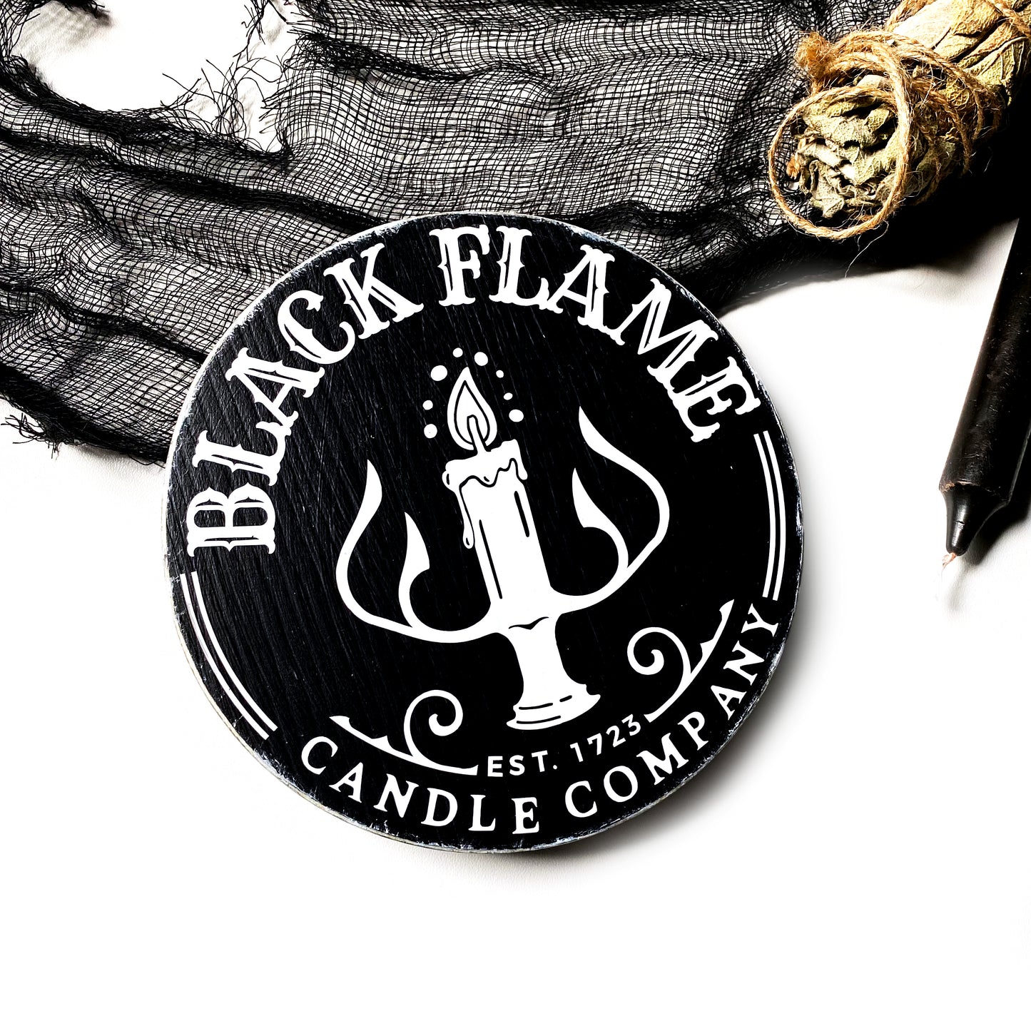 Wooden sign Farmhouse round Black Flame Candle Company Halloween