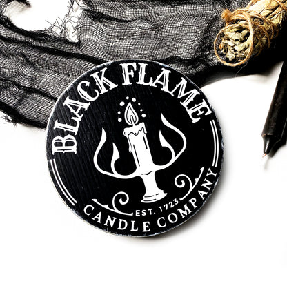 Wooden sign Farmhouse round Black Flame Candle Company Halloween