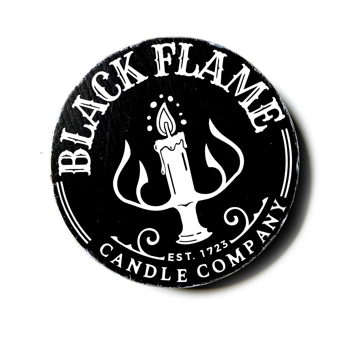Wooden sign Farmhouse round Black Flame Candle Company Halloween