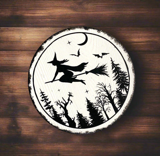 Wooden Sign Halloween Farmhouse Round Witch