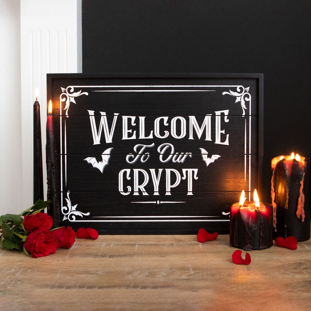 Wooden sign Welcome to our Crypt black